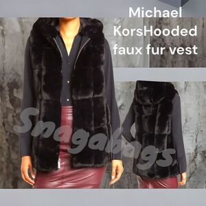 MICHAEL KORS NEW WITH TAGS WINDOWPANE BLACK FAUX FUR HOODED VEST JACKET MEDIUM